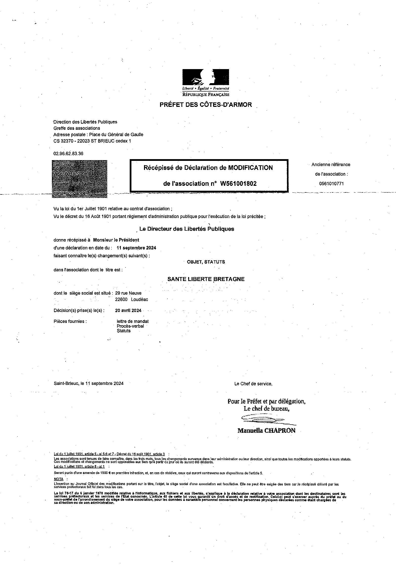 Récépissé de déclaration de Modification de l'association N°561001802